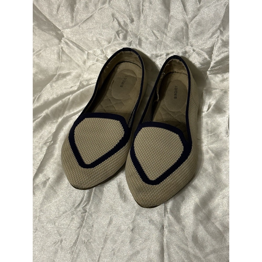 Birdies The Blackbird Eggshell/Navy Piping Knitted Flat Loafers Size 8.5